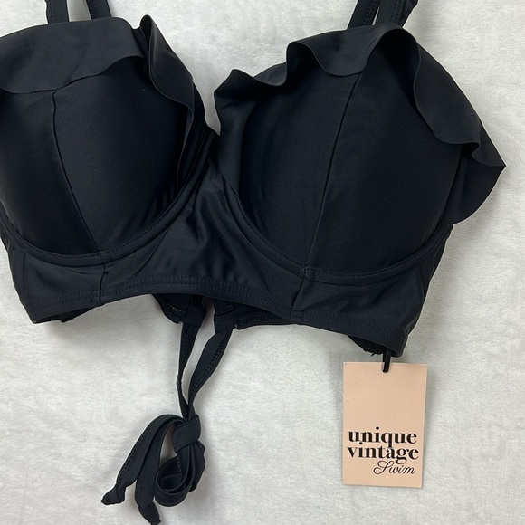 Unique Vintage Black Padded Southampton Ruffle Long Line Corset Swim Bikini Top - Picture 5 of 15